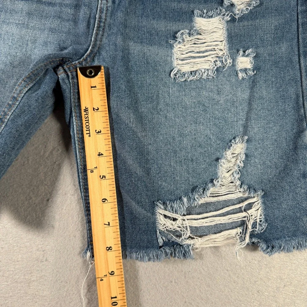 Almost Famous‎ Womens Distressed Denim Bermuda Shorts Blue 7 High Rise Raw Hem
